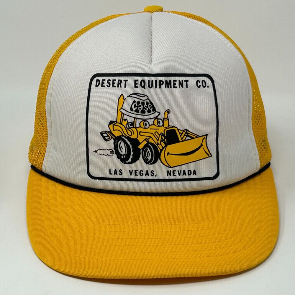 Vintage 80s Desert Equipment Co Trucker Hat Baseball Cap Bulldozer Mesh Yellow